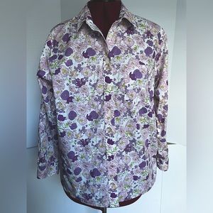 Duluth Trading 1X Floral Wrinklefighter Shirt Long Sleeve Button 1X Purple Pink